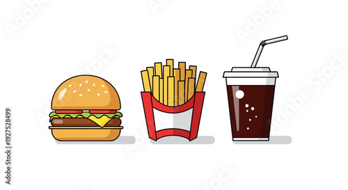Fast food illustration hamburger french fries and soda isolated on white background