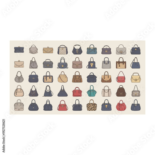 Diverse Handbag Icon Collection: Styles, Colors, and Materials