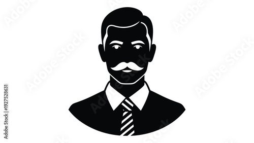 A black and white illustration of a man with a mustache isolated on white background, Vector