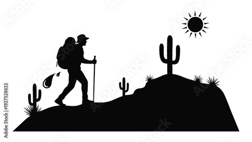 A hiker walking on a desert hill with cacti isolated on white background, Vector