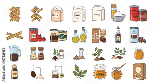 Assortment of various food ingredients and products in cartoon style isolated