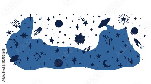 Outer space background with hand drawn stars planets comets and futuristic rocket ships