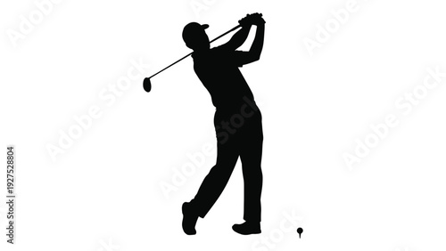 A man swinging a golf club in a golfing stance isolated on white background, Vector