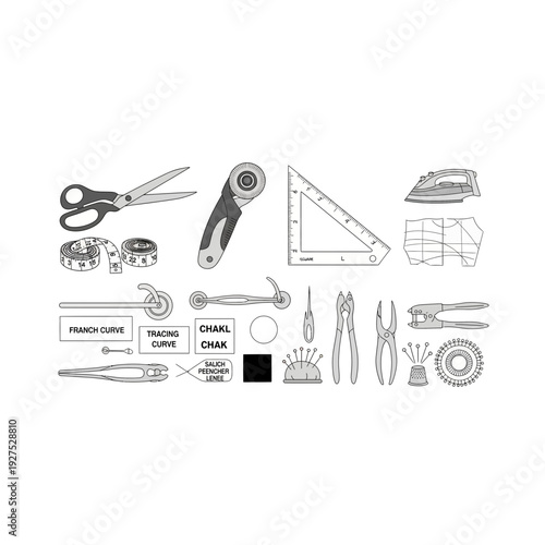 Retro Sewing and Crafting Tools in Line Art Style