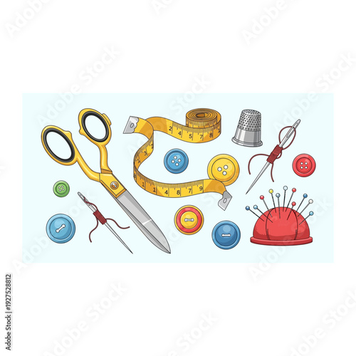 Colorful Sewing Notions with Scissors and Tape Measure