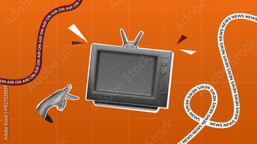 halftone collage, hand gesture, Retro TV with On Air and news text on orange background, for live broadcast, breaking news, media coverage, tv update news