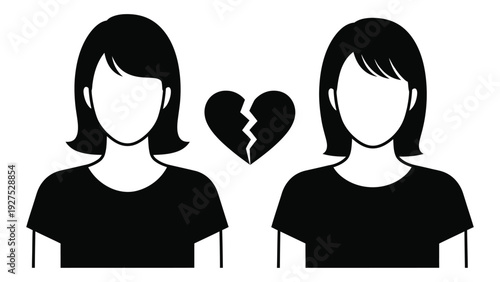Two women with a broken heart between them isolated on white background, Vector