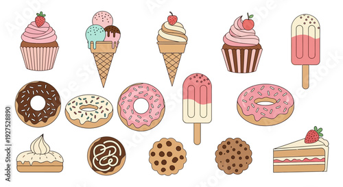 Assortment of sweet treats ice cream cupcakes donuts and cookies in vector style