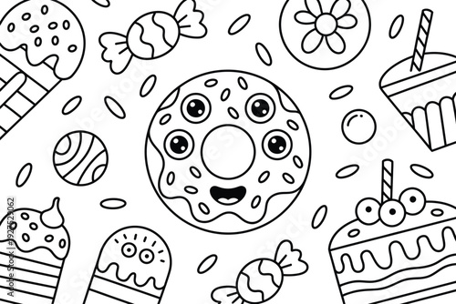 A cartoon cookie illustration with various sweet treats and candies around it