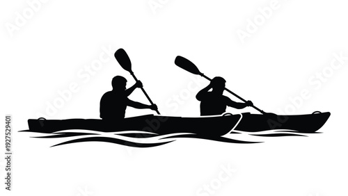 Two people kayaking on a serene body of water isolated on white background, Vector