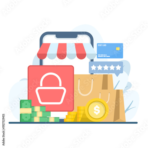 Vector illustration of online shopping storefront, digital payments, customer reviews, location pin, and SEO marketing interface in modern flat infographic design.