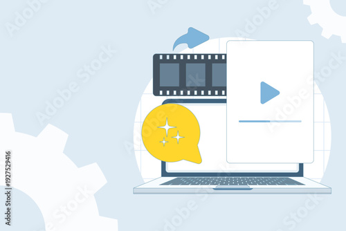 AI video resizing tool vector, transforming landscape videos to vertical format for social media sharing, mobile optimization, and content creation.
