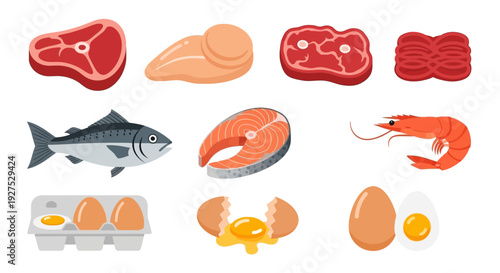 Assorted fresh meat and seafood steak chicken fish shrimp eggs isolated on white