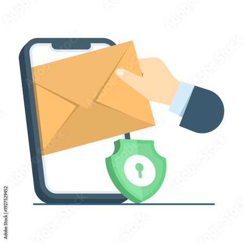 Vector illustration of a hand holding an envelope with unread smartphone message, email security, and protection against cyberattacks and spam.