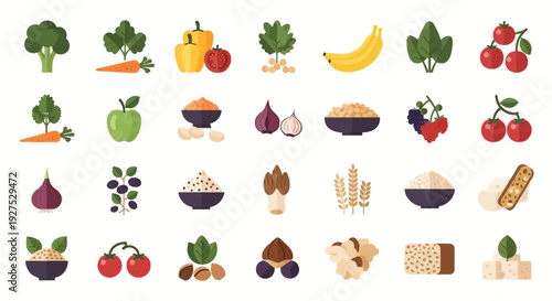 Collection of colorful healthy food illustrations vegetables fruits and grains