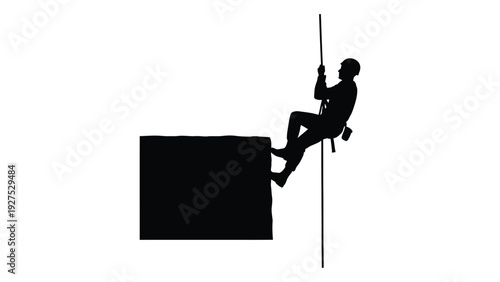 A person climbing down a rope beside a large block isolated on white background, Vector