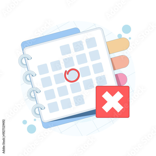 Event cancellation concept icon featuring calendar with cross mark symbol. Schedule removal, appointment cancellation notice, deadline change, and event management illustration.