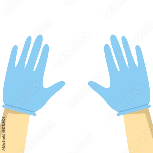 Flat vector of hands wearing blue protective gloves, symbolizing virus and bacteria protection, hygiene, and safety, isolated on a white background.
