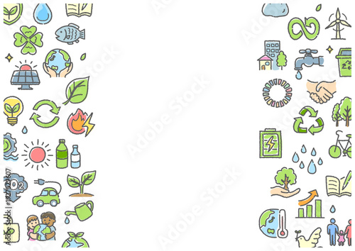 手描きSDGsアイコンのサイドフレーム｜縦長レイアウトのエコ背景ベクター
