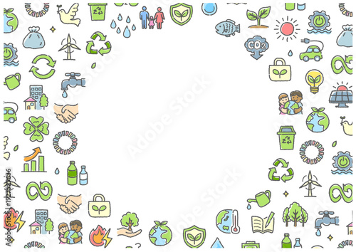 手描きSDGsアイコンの丸型フレーム｜サークルコピースペース付きサステナブル背景ベクター