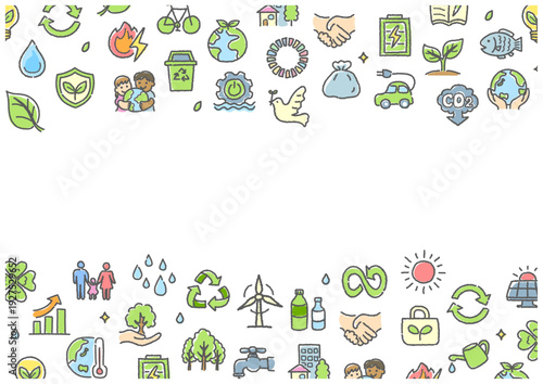 手描きSDGsアイコンの上下フレーム｜サステナブルな横長ベクター背景
