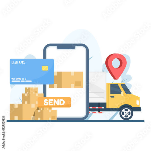 Online delivery app and express shipping concept. Global parcel distribution, fast courier service, e-commerce order tracking and worldwide package transport flat design.