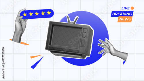 halftone collage, live breaking news tv , with retro tv, hand gesture, and five-star rating for tv on white grid background. for media tv, and content rating program 