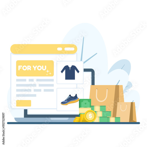 Vector illustration of AI-based e-commerce product recommendations, personalized shopping offers, add-to-cart interface, and marketing analytics dashboard in modern UI.