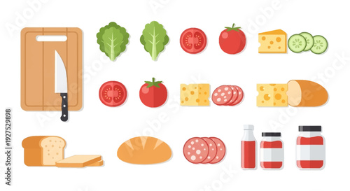 Fresh food ingredients for a sandwich or culinary project on a white background