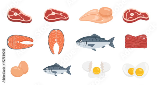 Assortment of various raw meats and seafood ingredients isolated on white background