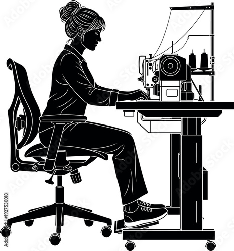Woman sewing at industrial machine silhouette illustration showing fashion designer, tailor or seamstress working in atelier, handmade clothing production and creative craftsmanship concept