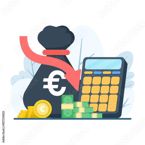 Economic downturn concept with euro currency symbol and declining chart. Financial crisis, market recession, currency depreciation, and European economy slowdown illustration.