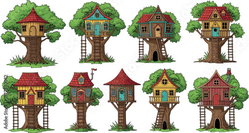 Whimsical treehouse illustration collection showing colorful wooden houses built in trees, fantasy forest homes for children stories, fairy tale design, imagination, adventure and playful nature 