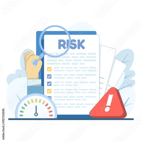 Corporate risk evaluation and hazard alert concept featuring business analytics interface. Financial threat monitoring, regulatory compliance control, and strategic risk mitigation illustration.