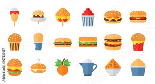 Assortment of various fast food items in flat design style isolated on white