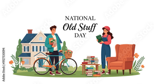 Illustration of a man with a bicycle and a woman with books celebrating National Old Stuff Day in front of a house with various items.