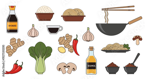Asian cuisine ingredients and utensils illustrated in vector graphics