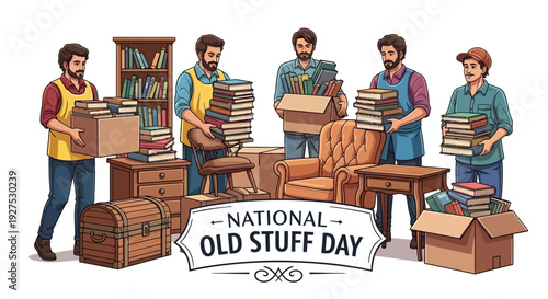 Illustration of people participating in National Old Stuff Day by organizing and recycling old items with boxes and furniture.