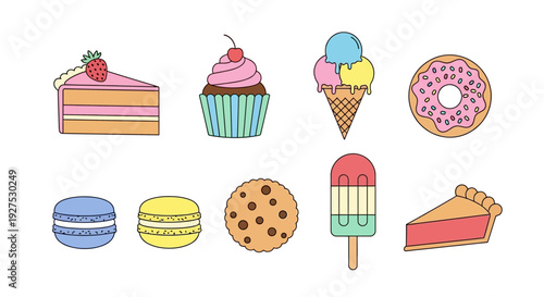 Delicious assortment of colorful desserts isolated on white background for design