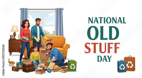 Illustration of a family organizing and recycling old items on National Old Stuff Day in their home.