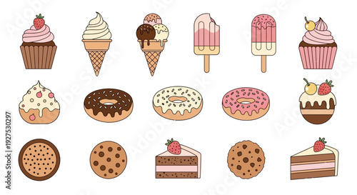 Assortment of desserts cupcakes ice cream donuts and more vector illustration
