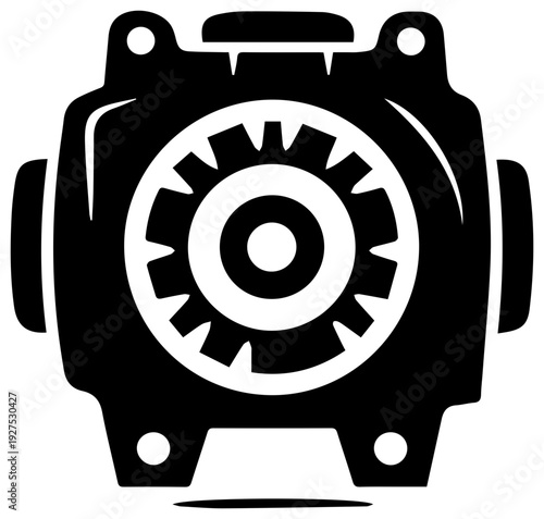 Detailed black filled icon of a car alternator a complex automotive component crucial for electrical system function presented in a clean modern graphic style on a white isolated