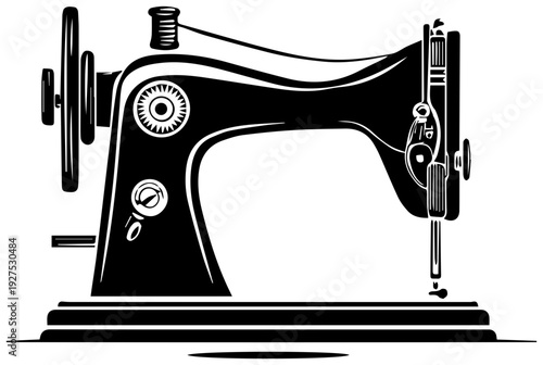 Classic vintage sewing machine icon detailed silhouette of a retro sewing machine with thread spool and needle isolated on a clean white background representing craftsmanship