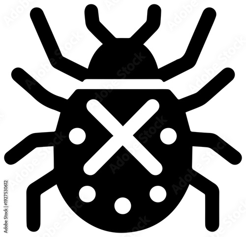 Black filled icon representing a stylized insect or pest symbol with a white 'x' or cross mark overlay signifying prohibition elimination or eradication against a clean white