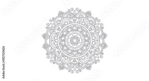 Intricate gray mandala design with floral patterns and circular symmetry.