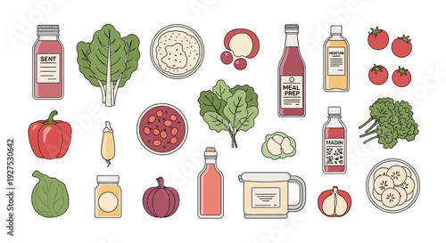 Assortment of fresh produce and beverages isolated on white background for healthy eating