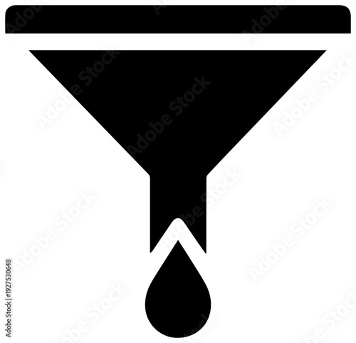 Solid black icon representing a funnel with a single drop of liquid falling from its spout symbolizing filtering separation and processing isolated on a clean white background