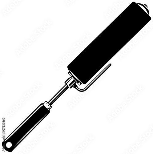 Black filled icon of a paint roller extension pole with a metal frame and black handle isolated on a white background representing renovation diy projects and home improvement