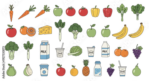Illustrated assortment of fresh fruits and vegetables for healthy eating and nutrition
