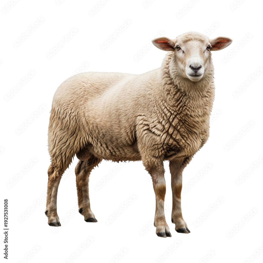 Fototapeta premium A sheep standing isolated on transparent background looking at the camera
